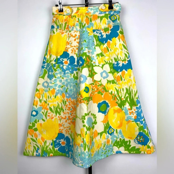 Vintage Blue‎ Yellow White Floral A-Line Wrap Skirt - Picture 1 of 8